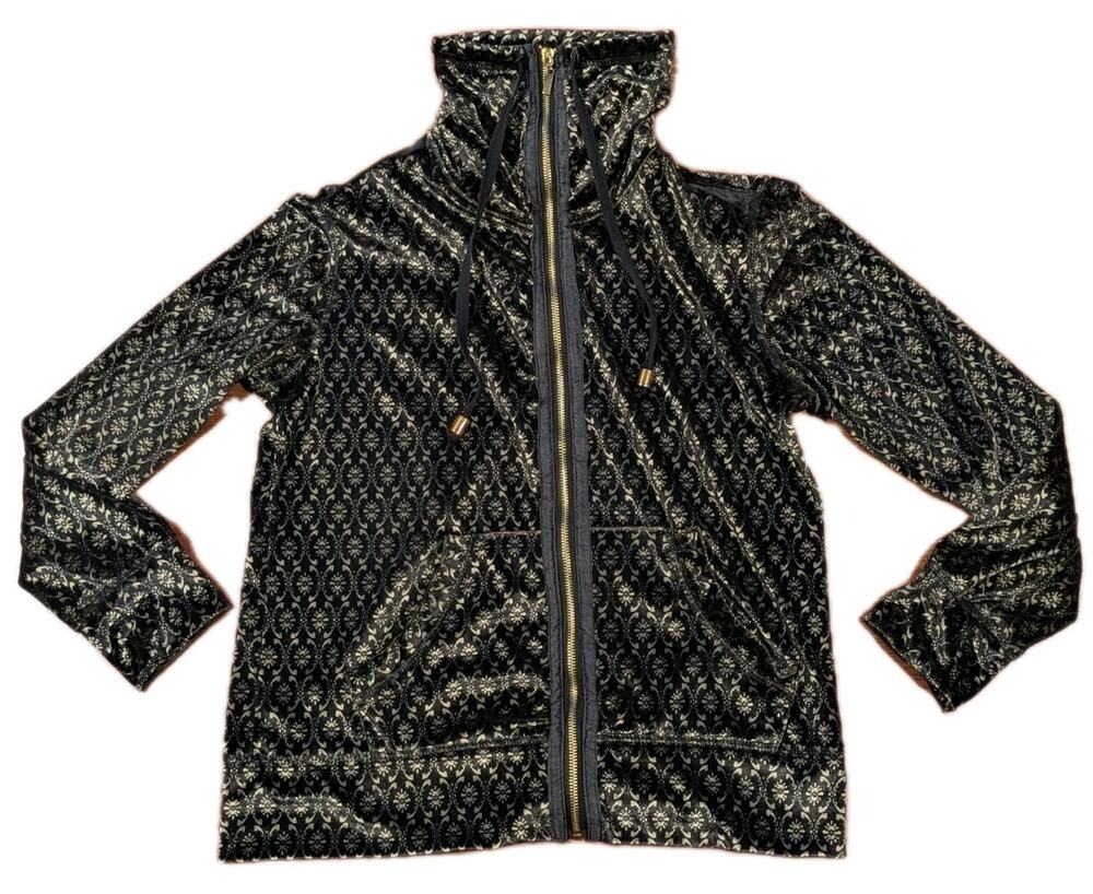 Y2K Velour Zip Up Jacket Womens S Black Gold Baroque Ornate Gothic Aesthetic